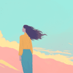A woman on a mountain peak, gazing at the clouds in awe.