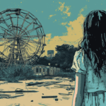 A girl posing in front of a towering ferris wheel, enjoying the vibrant atmosphere of an amusement park.