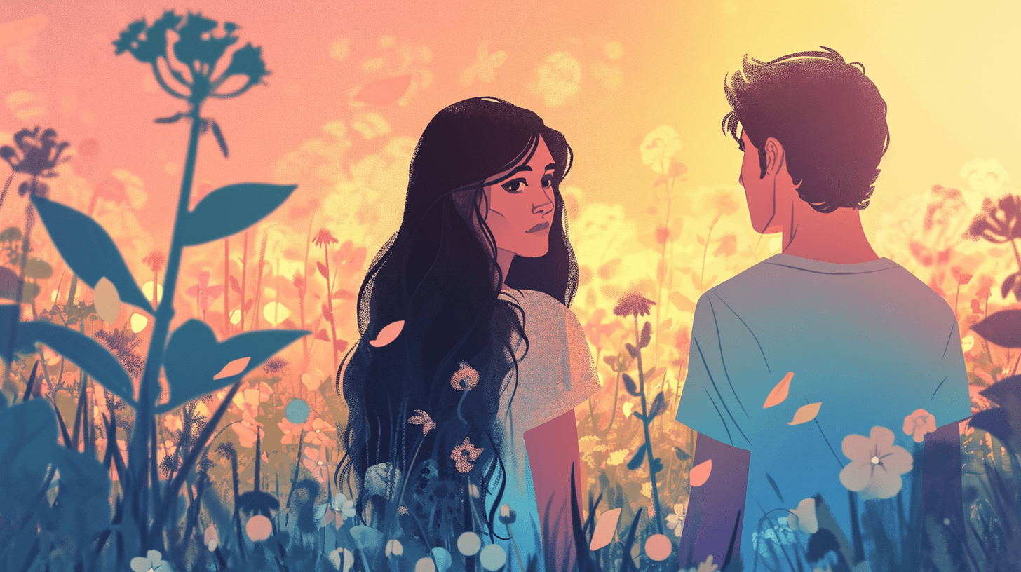 A couple in a flower-filled field, gazing into each other's eyes. Love blossoms amidst nature's beauty.