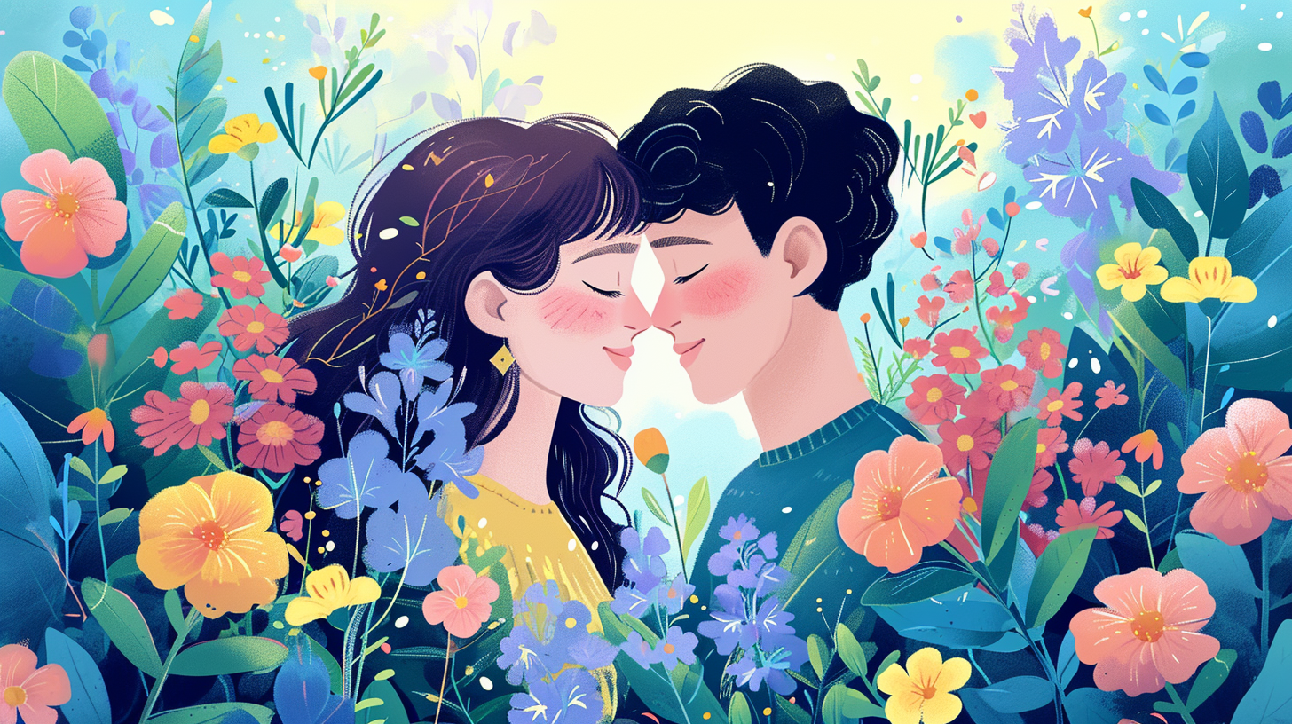 A couple sharing a tender kiss amidst a vibrant field of blooming flowers. Love blossoms in nature's embrace.